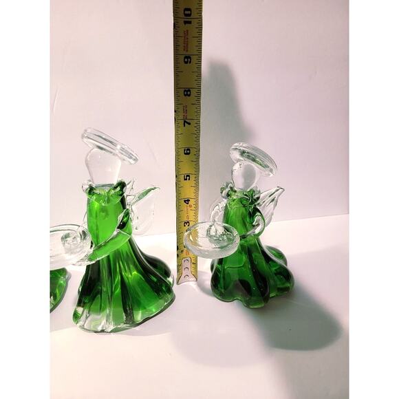 VTG Christmas Angels Art Glass Figurines Set of 3 Votive Candle Holders Green - Picture 10 of 14